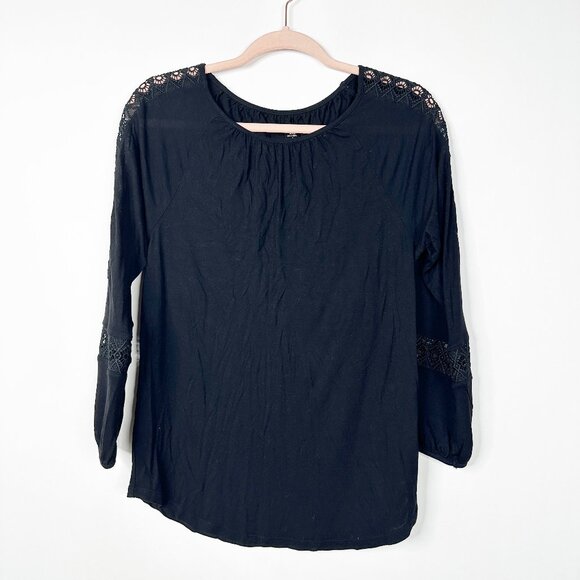 2/$30 LOFT Lace Trimmed Peasant Blouse Long Sleeve Black Small #A0332 TRB2 - Picture 4 of 9